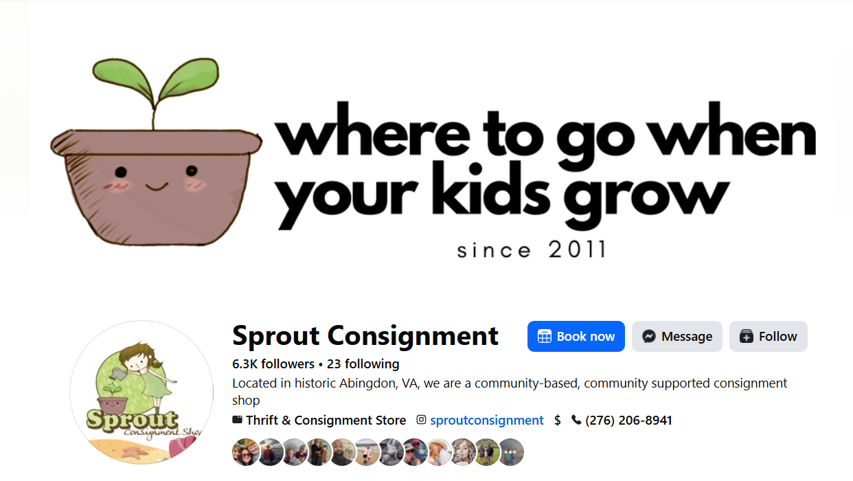 Sprout Consignment Facebook cover showing a smiling sprout pot and the words where to go when your kids grow
